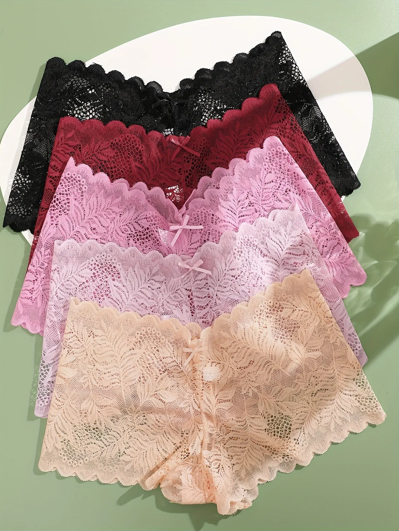 2025 5pcs Floral Lace Boyshort Panties - Thin Semi-Sheer Wave Trim for Women's Lingerie & Underwear