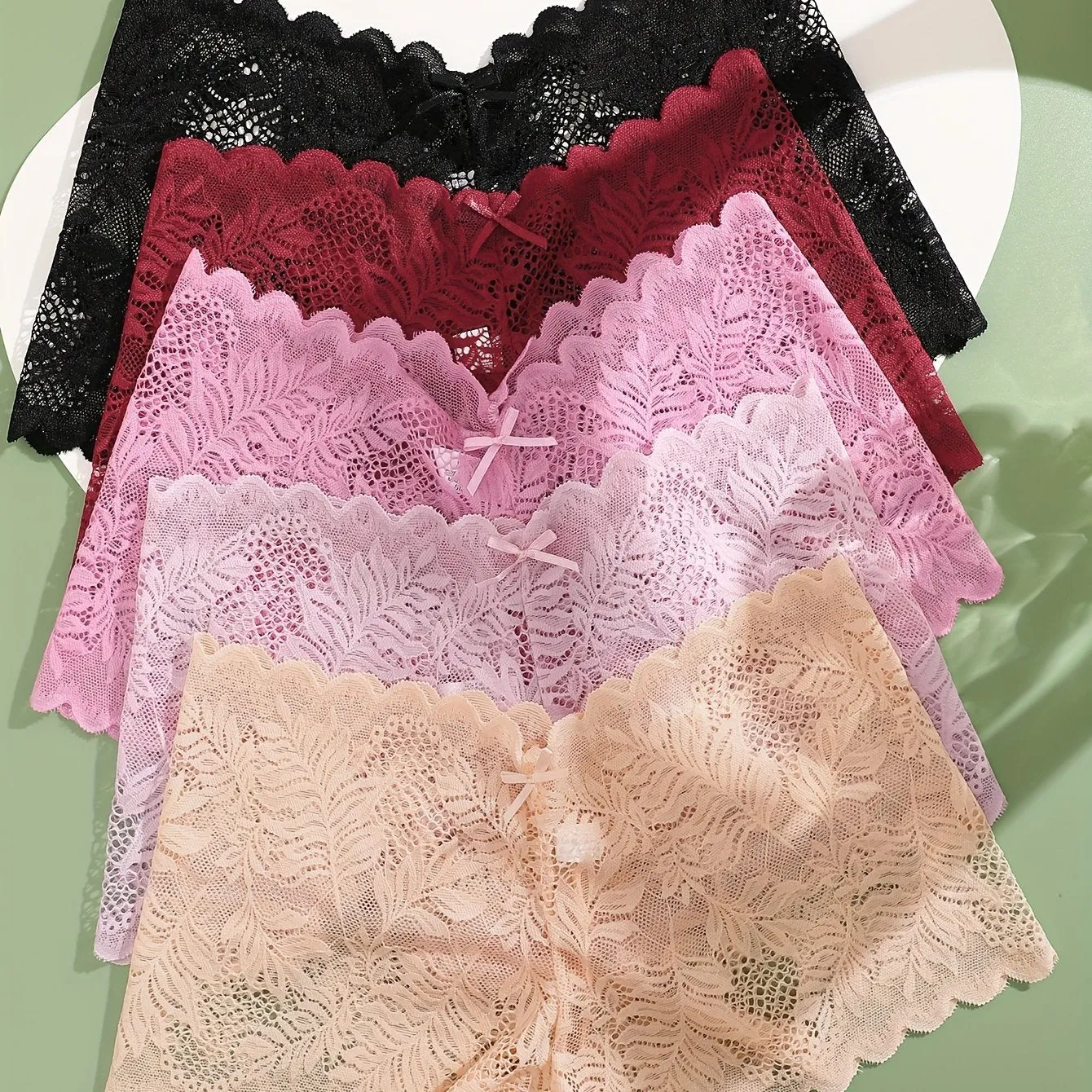 2025 5pcs Floral Lace Boyshort Panties - Thin Semi-Sheer Wave Trim for Women's Lingerie & Underwear