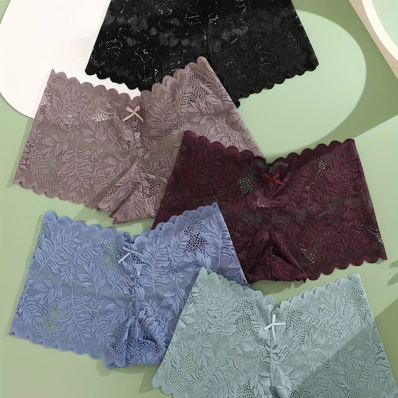 2025 5pcs Floral Lace Boyshort Panties - Thin Semi-Sheer Wave Trim for Women's Lingerie & Underwear