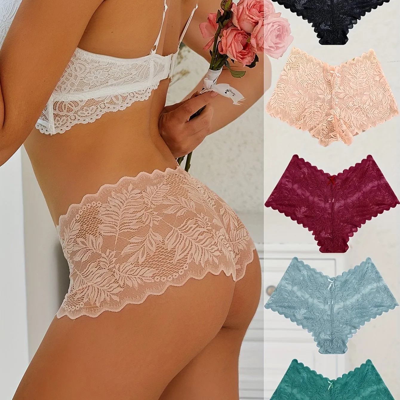 2025 5pcs Floral Lace Boyshort Panties - Thin Semi-Sheer Wave Trim for Women's Lingerie & Underwear