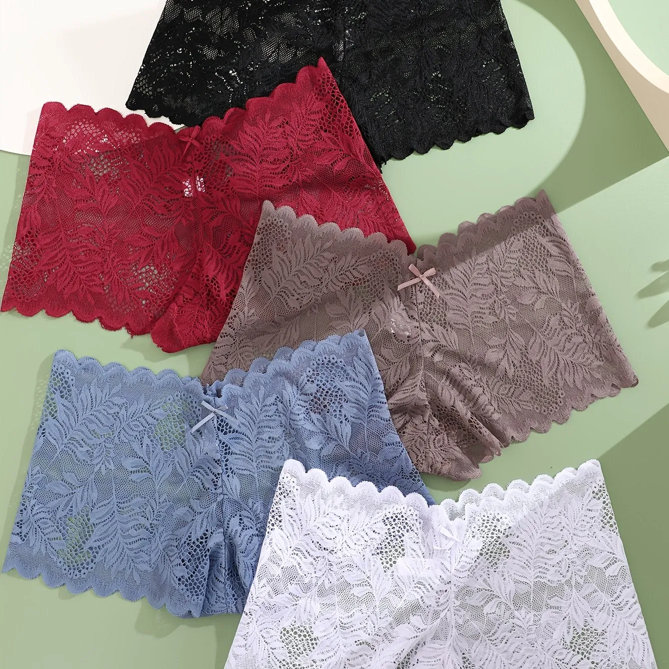 2025 5pcs Floral Lace Boyshort Panties - Thin Semi-Sheer Wave Trim for Women's Lingerie & Underwear