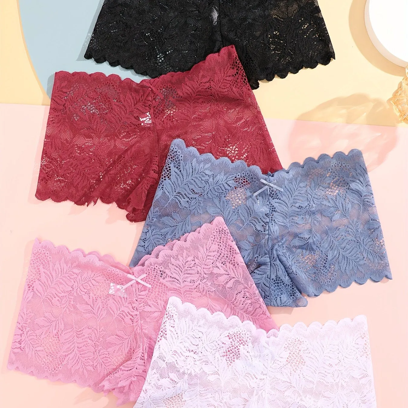 2025 5pcs Floral Lace Boyshort Panties - Thin Semi-Sheer Wave Trim for Women's Lingerie & Underwear