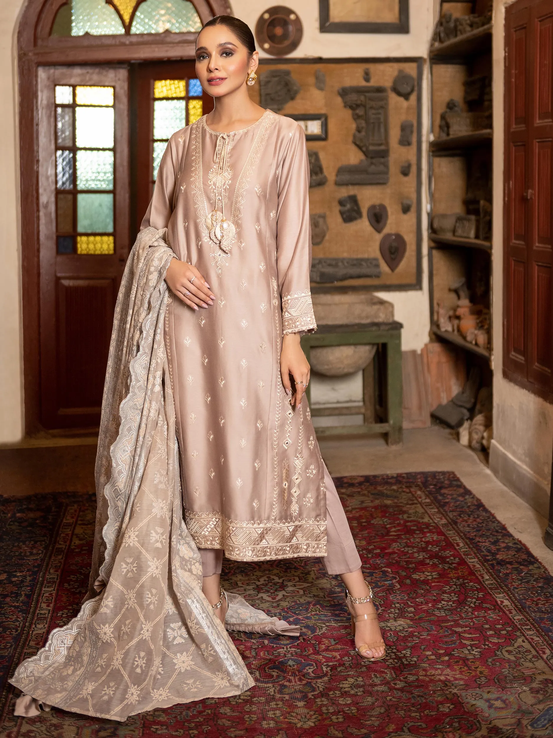 3 Piece Satin Suit-Embroidered (Unstitched) | Lime Light Women Eid Collection 2023