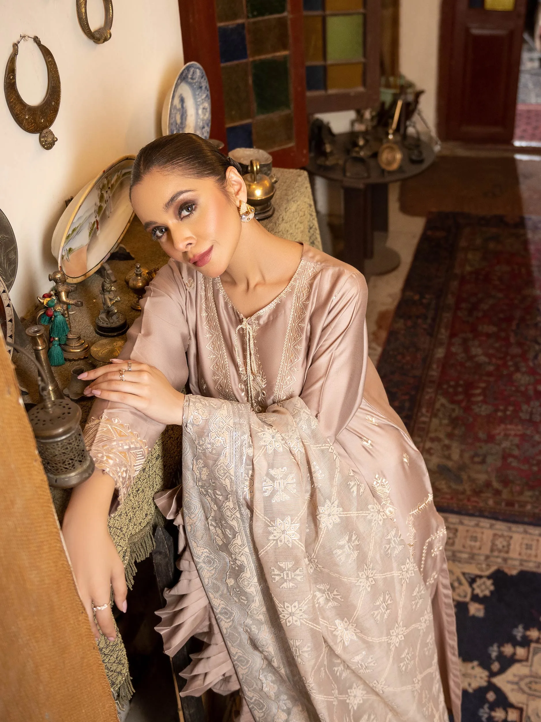 3 Piece Satin Suit-Embroidered (Unstitched) | Lime Light Women Eid Collection 2023