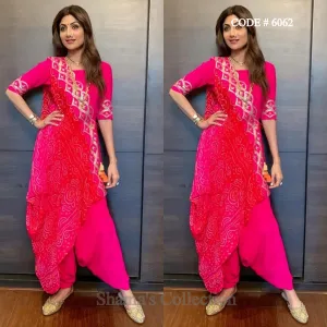 6062 Shilpa Shetty's Pink And Red Bandhani Drape Dupatta Patiala Suit outfit set