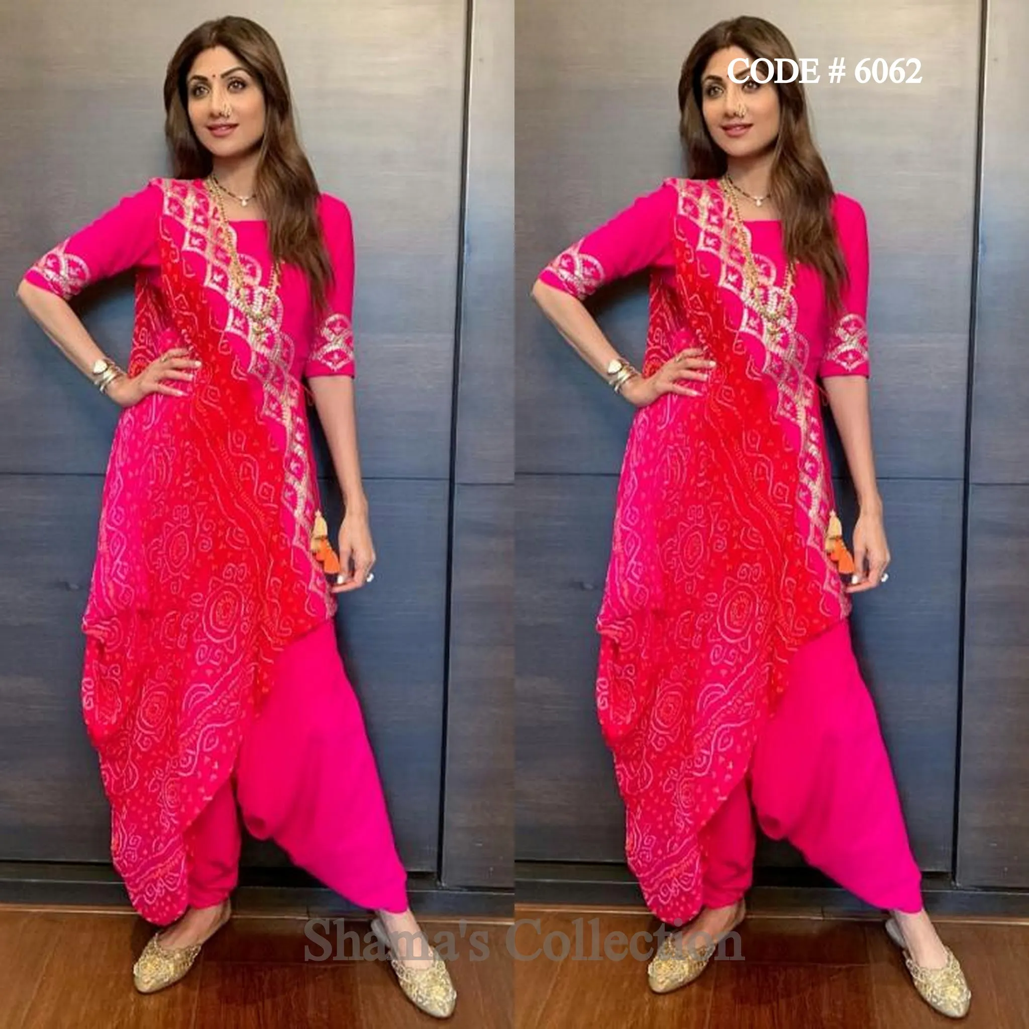 6062 Shilpa Shetty's Pink And Red Bandhani Drape Dupatta Patiala Suit outfit set