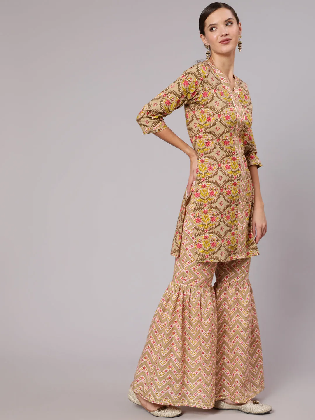 A Short Beige Printed Cotton Gota Embellished Kurta With Printed Sharara And Chiffon Dupatta