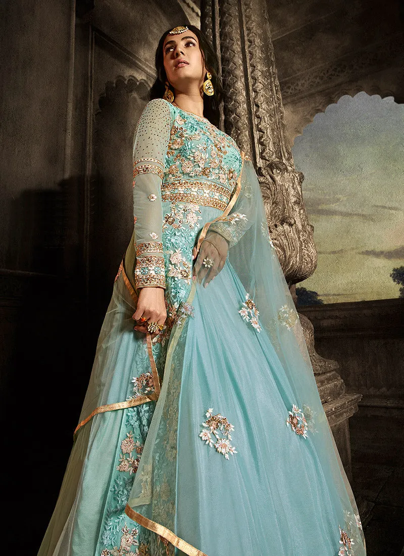 Aqua Blue Golden Embroidered Anarkali Suit