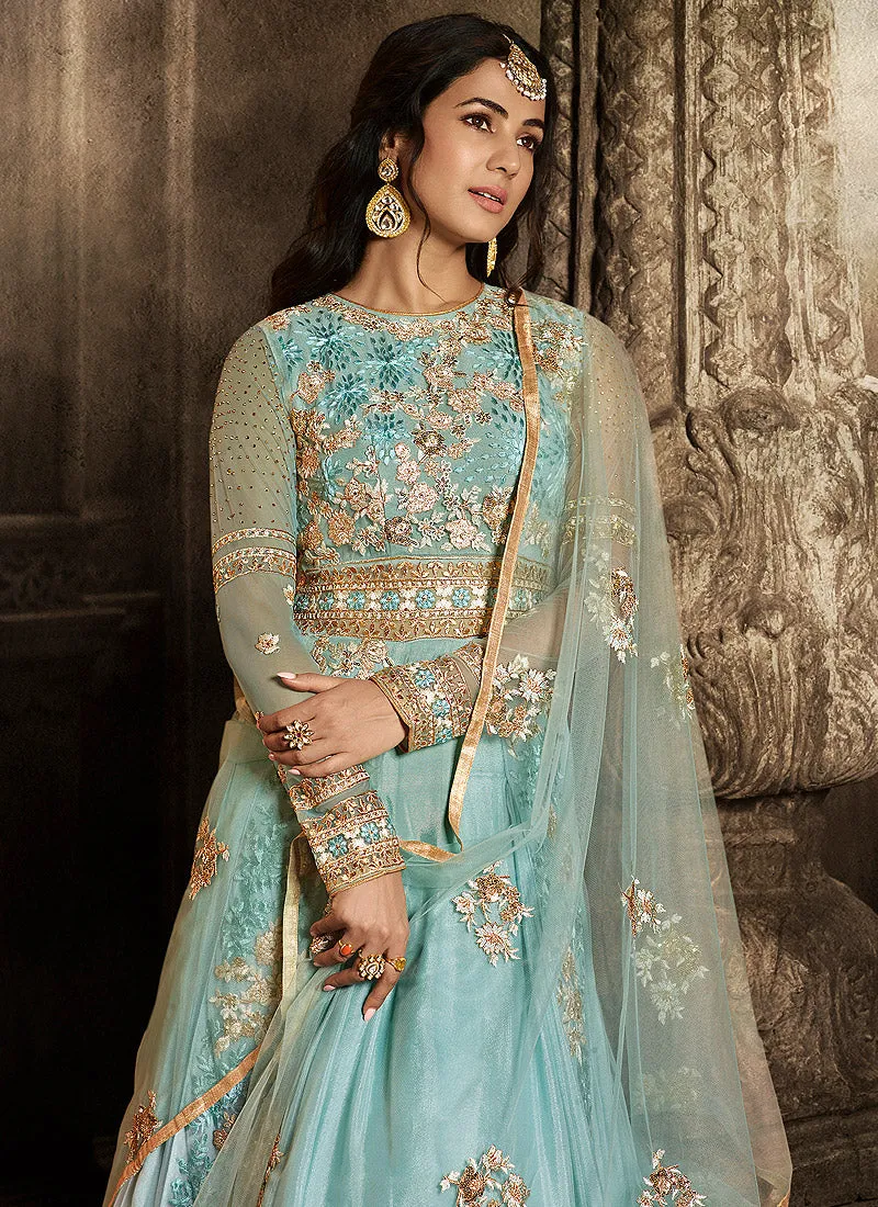 Aqua Blue Golden Embroidered Anarkali Suit