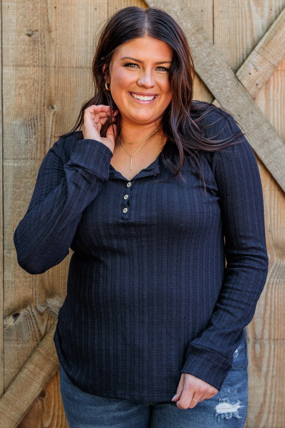 At My Best Knit Button Top- Dark Navy