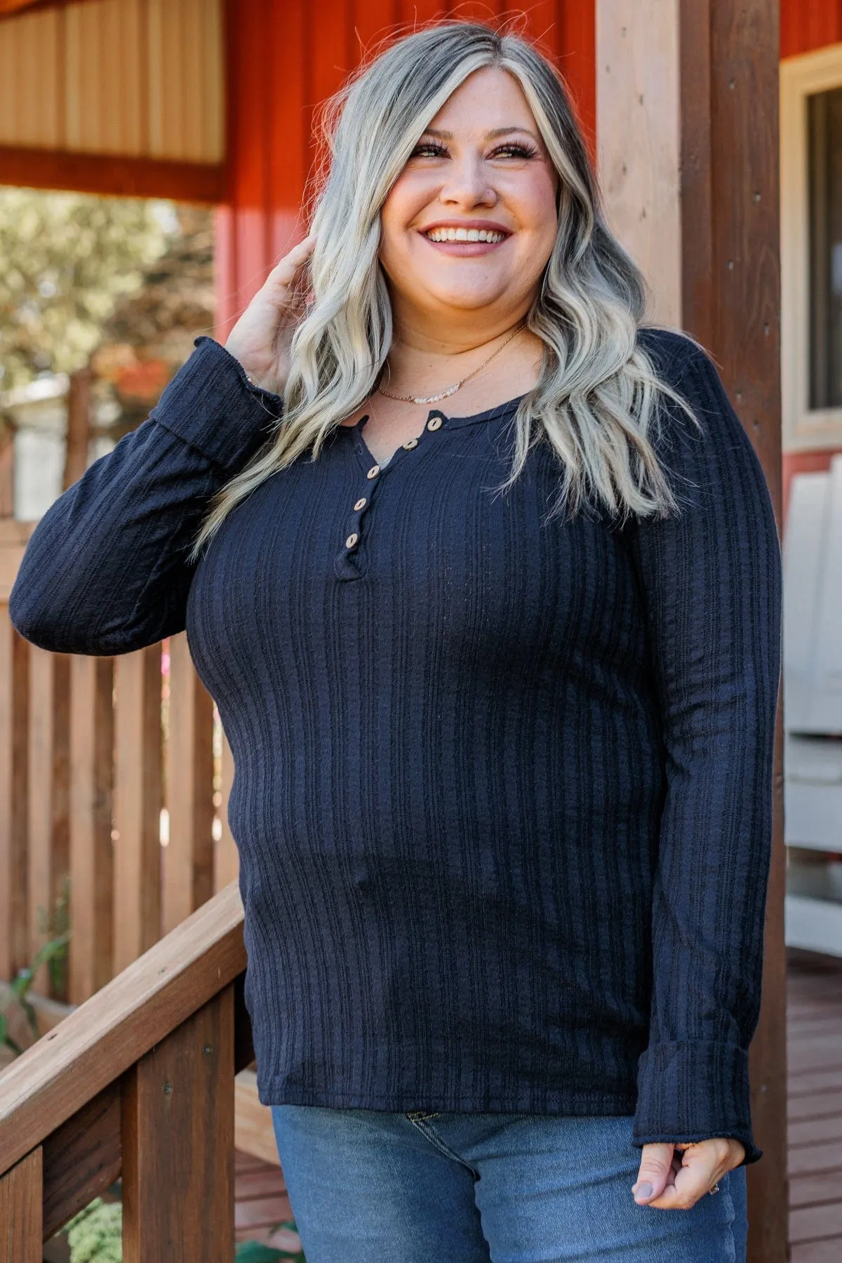 At My Best Knit Button Top- Dark Navy