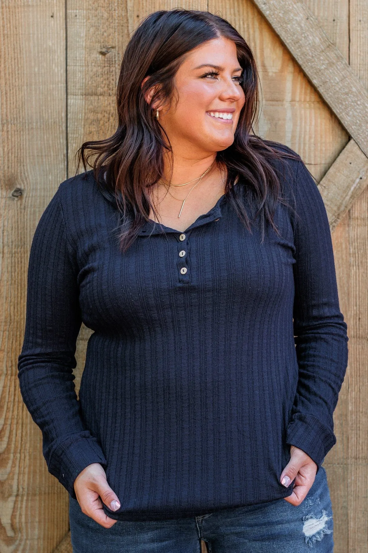 At My Best Knit Button Top- Dark Navy