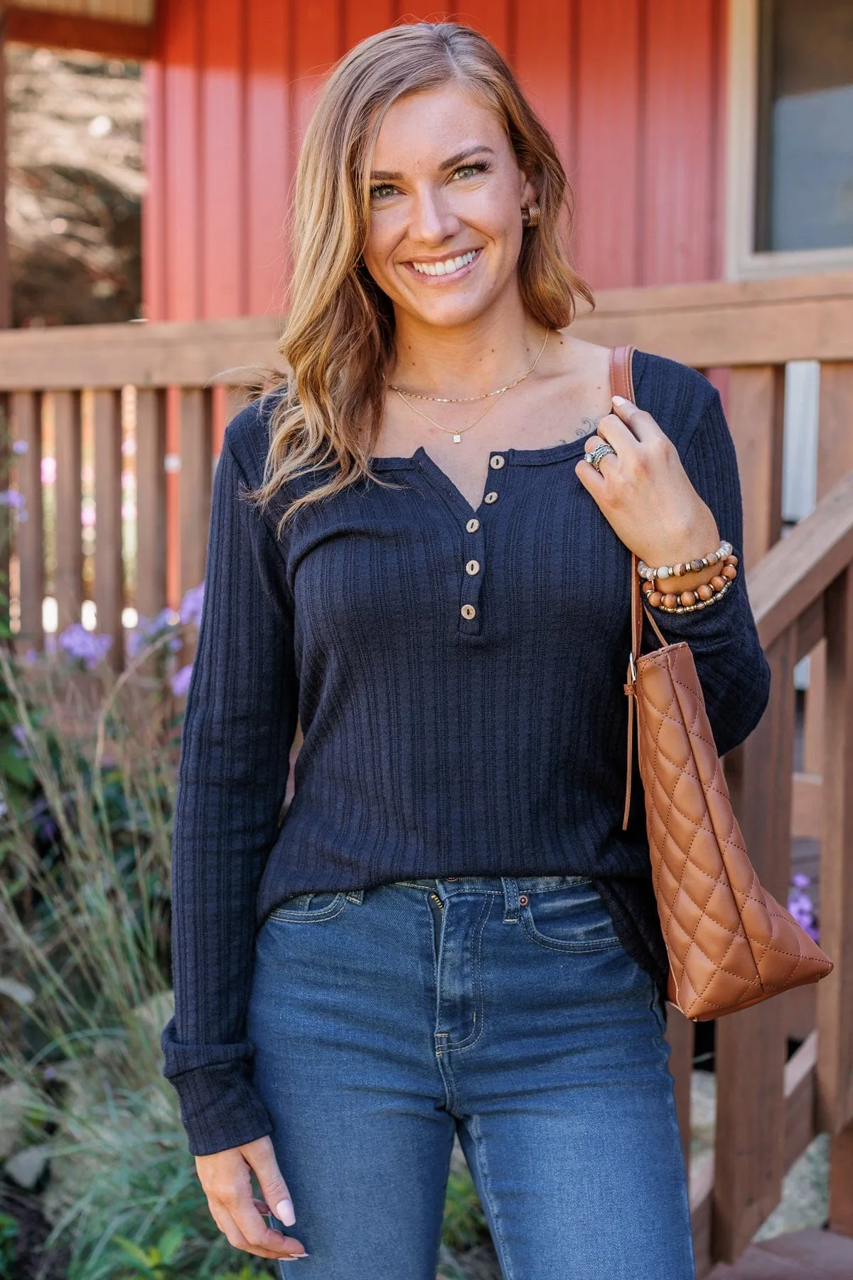 At My Best Knit Button Top- Dark Navy