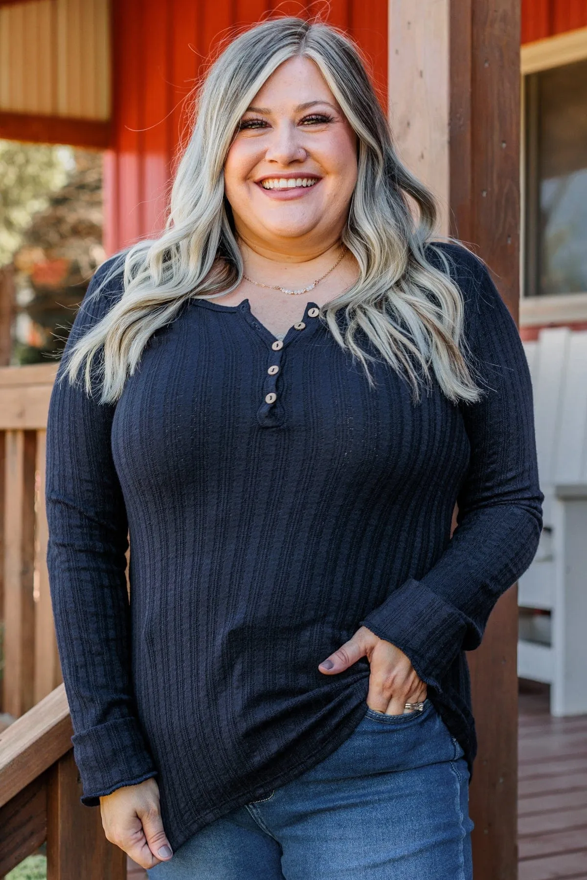 At My Best Knit Button Top- Dark Navy