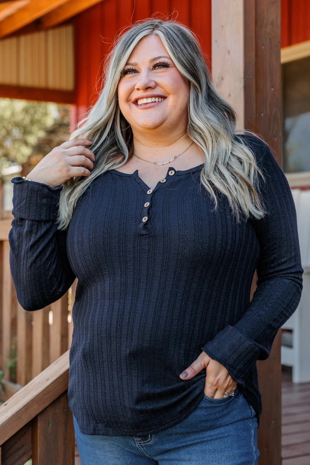 At My Best Knit Button Top- Dark Navy