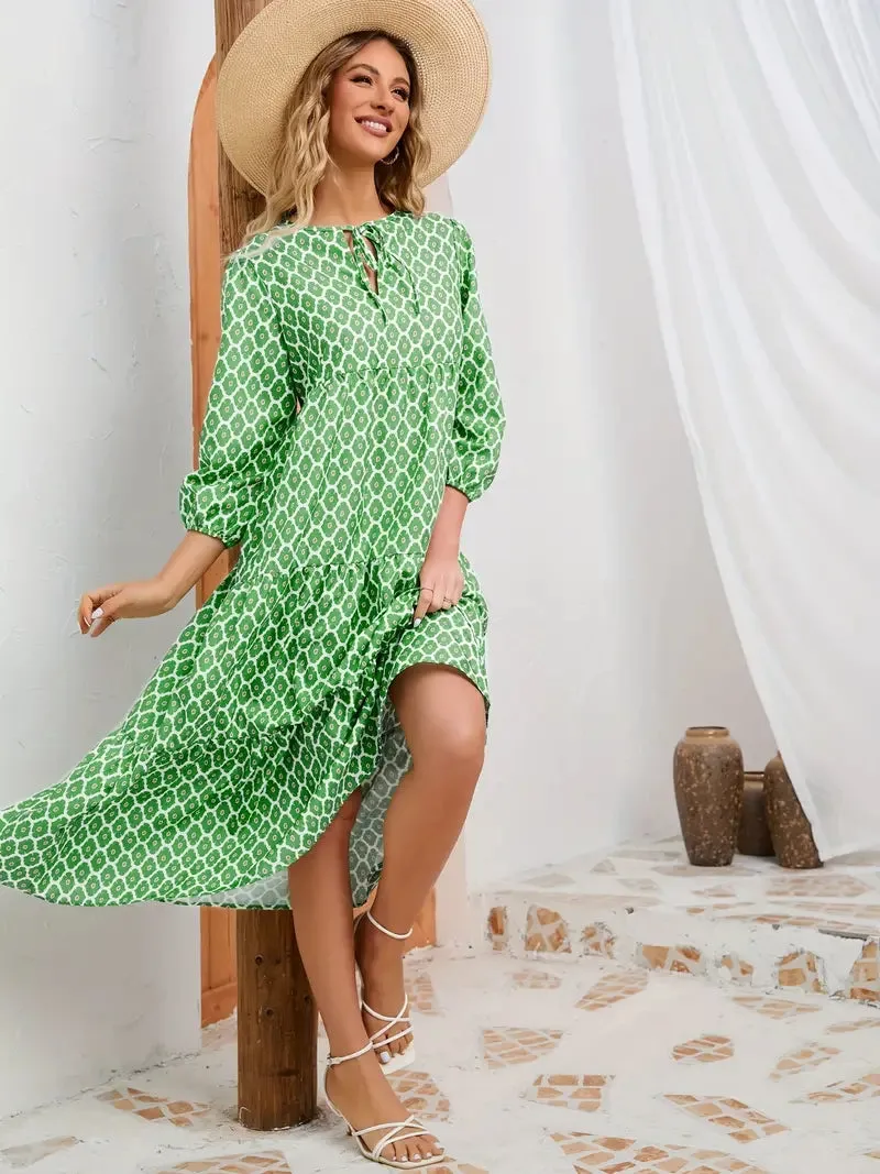 BerryBetty - Green Print Long Ruffles Tiered Maxi Dress