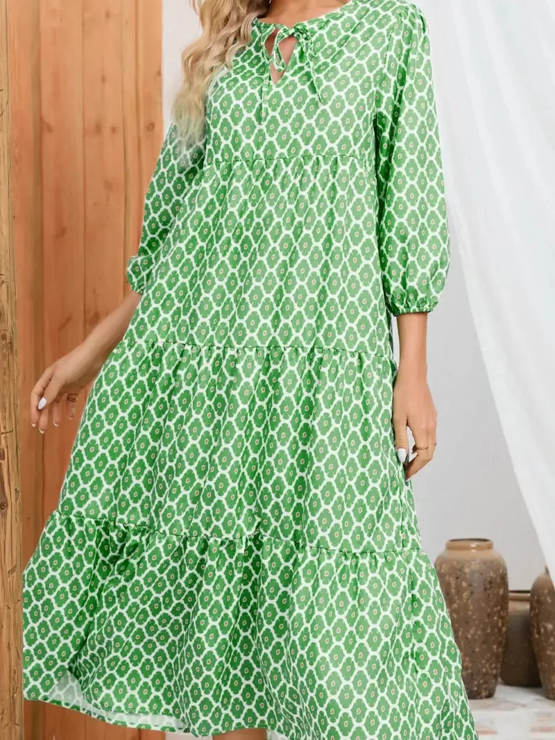 BerryBetty - Green Print Long Ruffles Tiered Maxi Dress