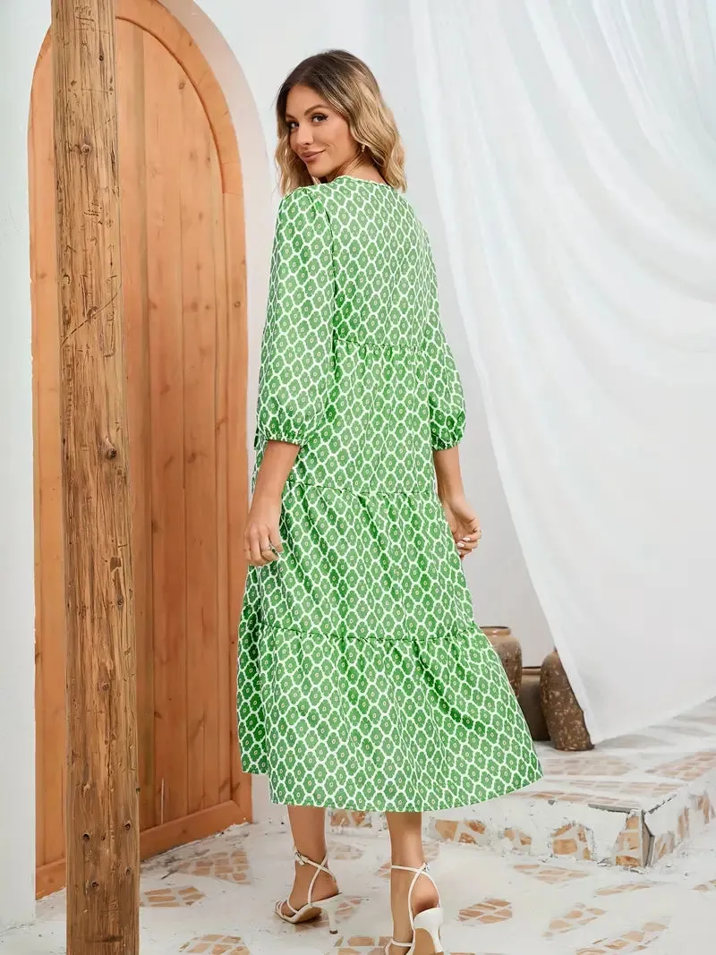 BerryBetty - Green Print Long Ruffles Tiered Maxi Dress