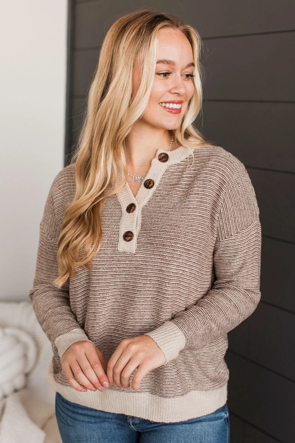 Best Thing About You Henley Sweater- Cream & Brown
