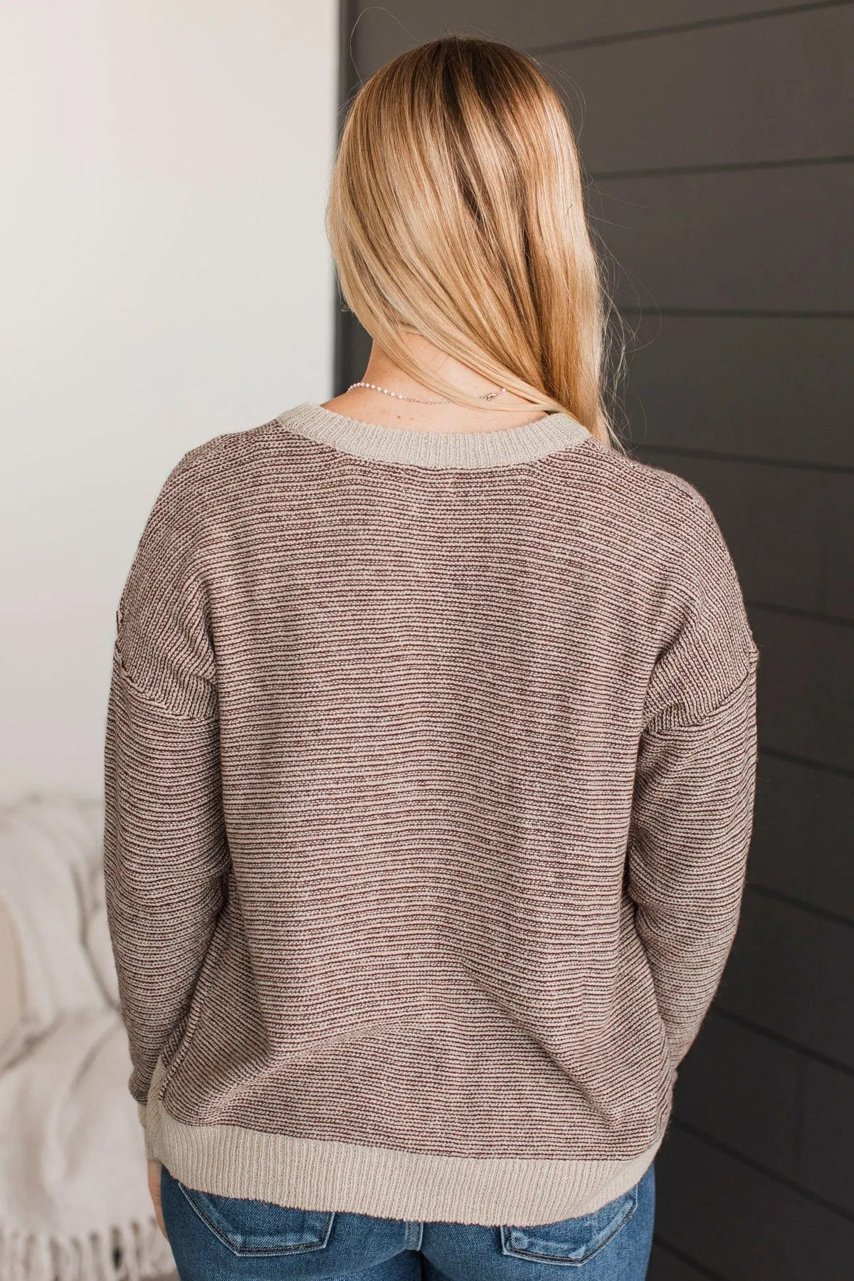 Best Thing About You Henley Sweater- Cream & Brown