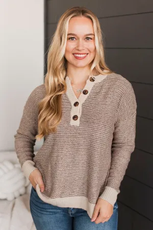Best Thing About You Henley Sweater- Cream & Brown