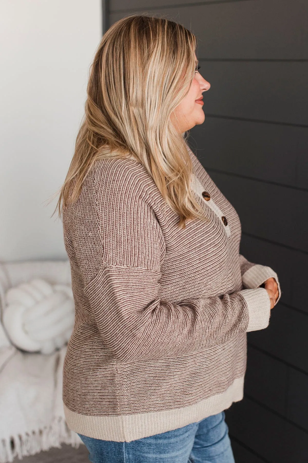 Best Thing About You Henley Sweater- Cream & Brown