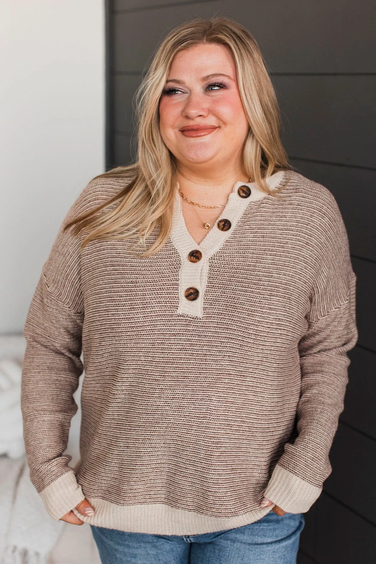 Best Thing About You Henley Sweater- Cream & Brown