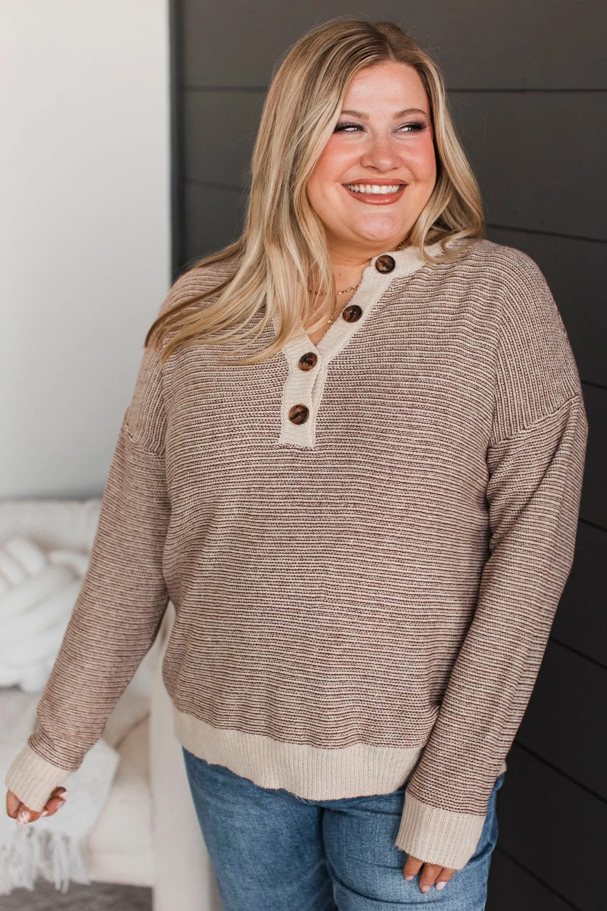 Best Thing About You Henley Sweater- Cream & Brown