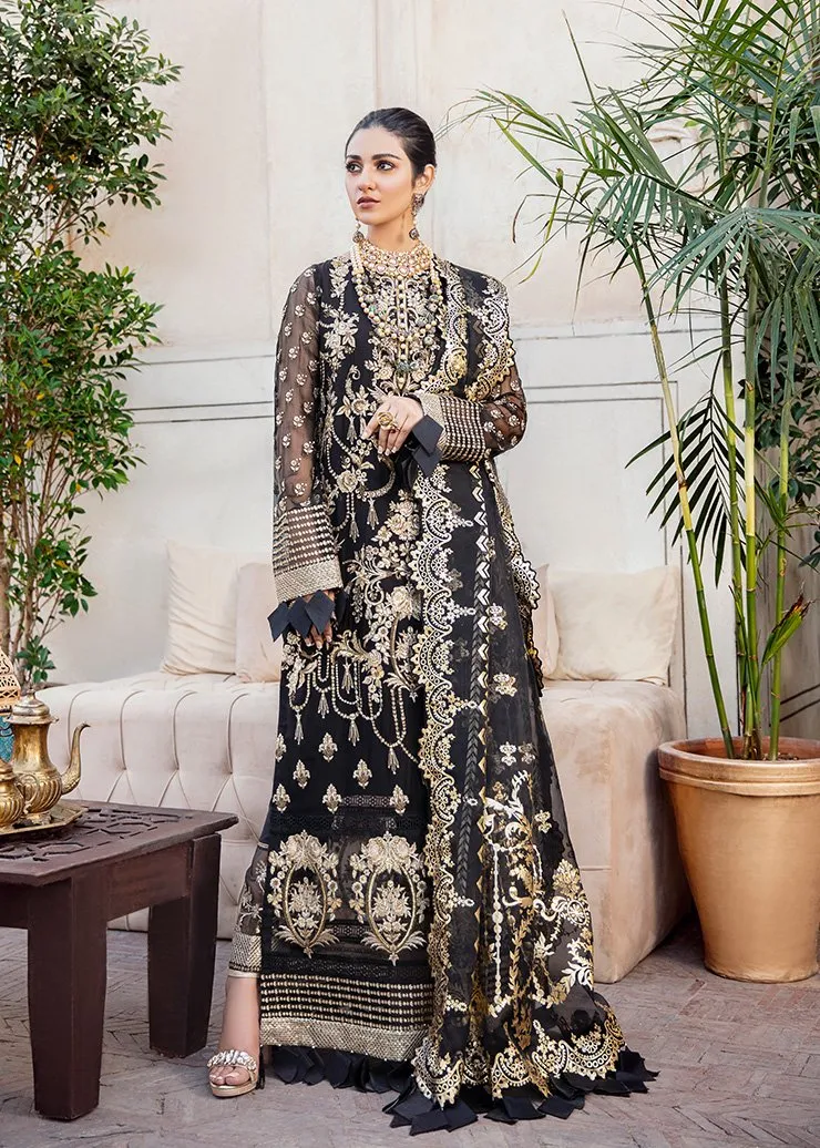 Black Crinkle Chiffon Outfit with Embroidery #Y6198