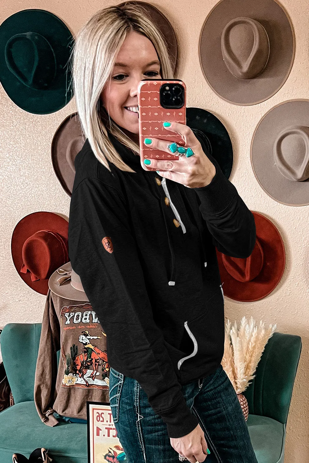 Black Drawstring Kangaroo Pocket Henley Hoodie