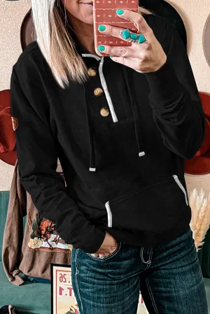 Black Drawstring Kangaroo Pocket Henley Hoodie