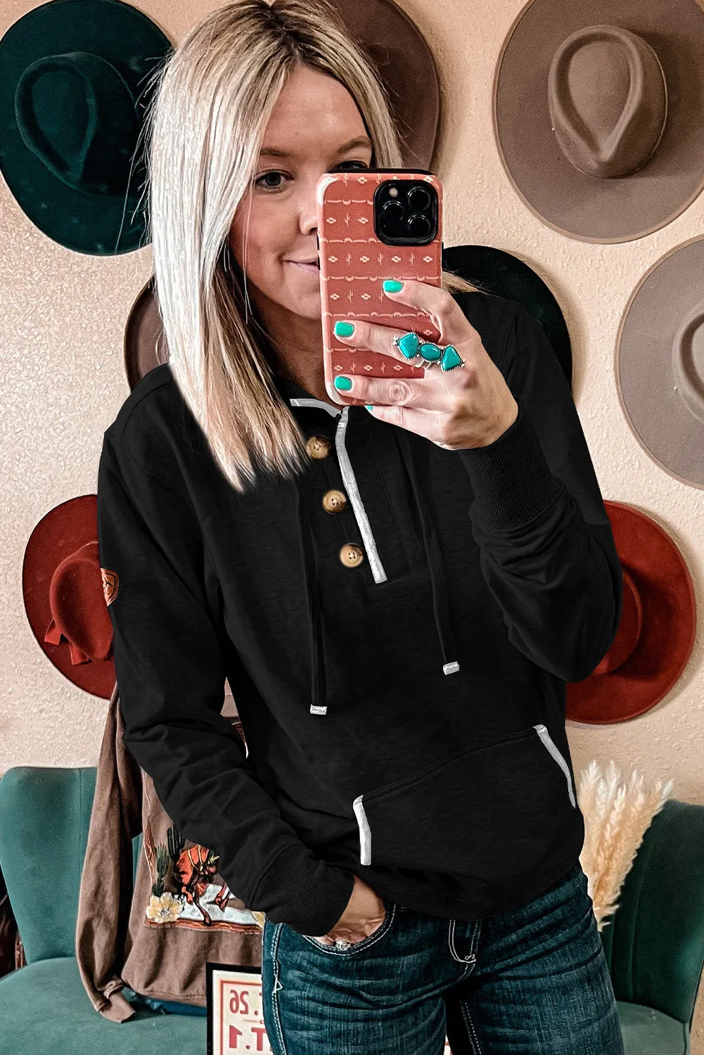 Black Drawstring Kangaroo Pocket Henley Hoodie