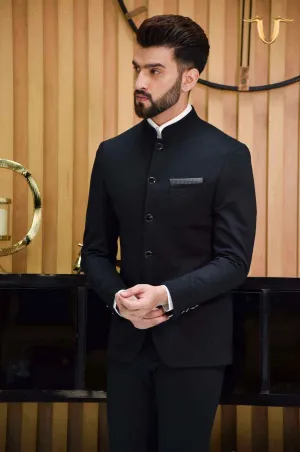 Black Knitted 2 Pc Bandhgala Suit With Stretch