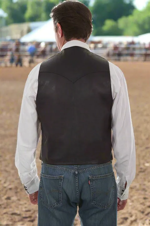 Black Lambskin Leather Western Vest with Front Button Closure