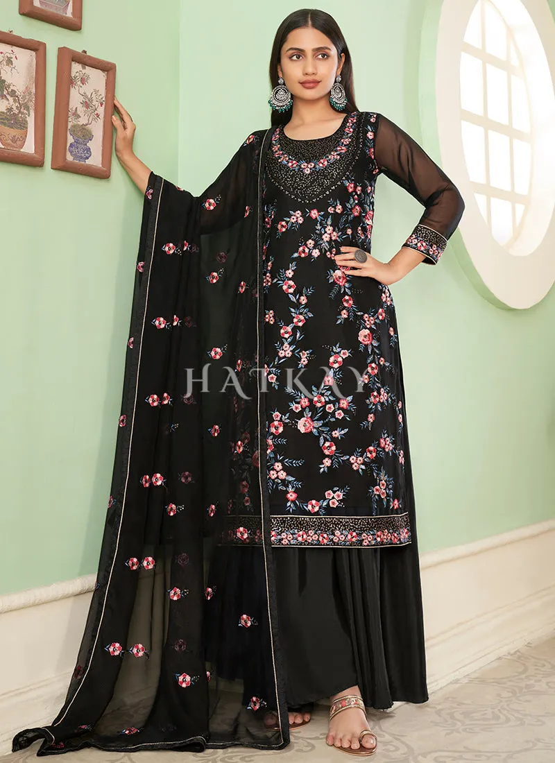 Black Multi Embroidery Georgette Palazzo Suit