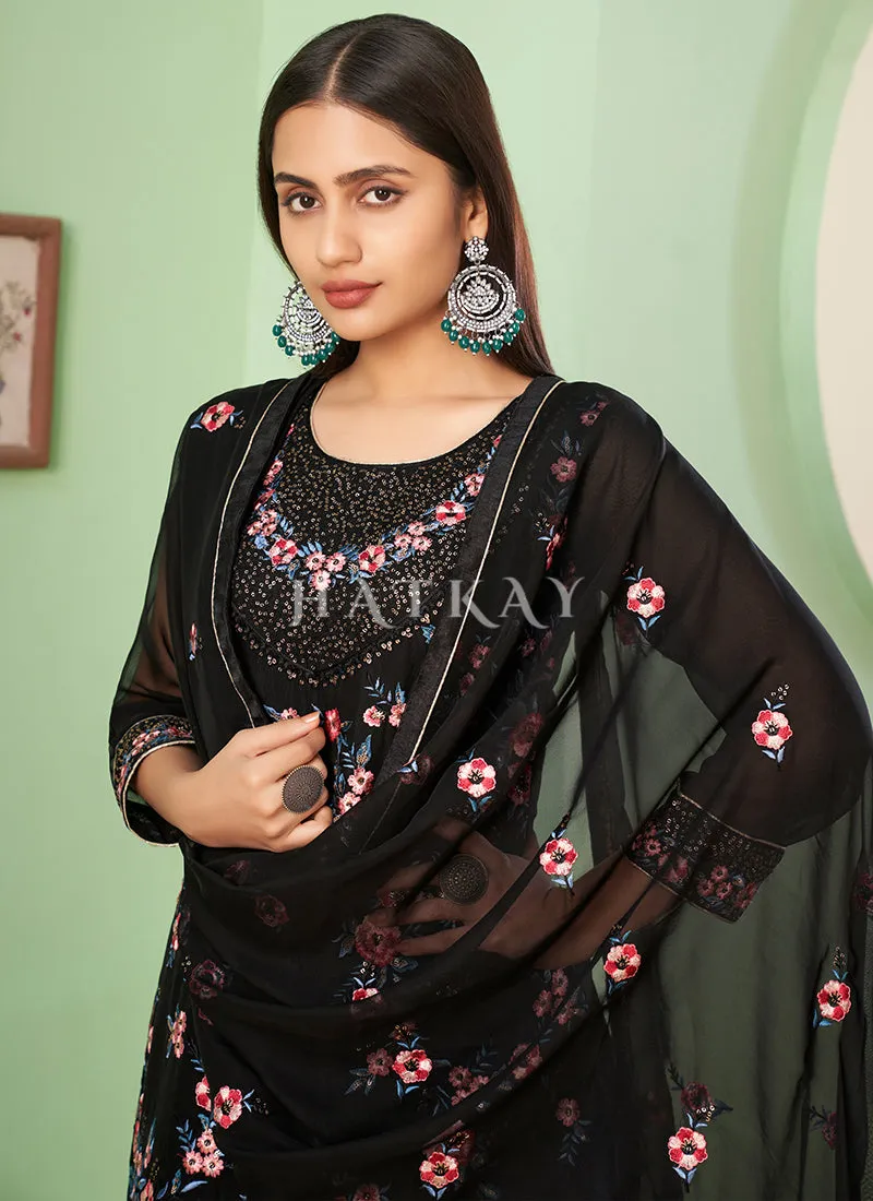 Black Multi Embroidery Georgette Palazzo Suit
