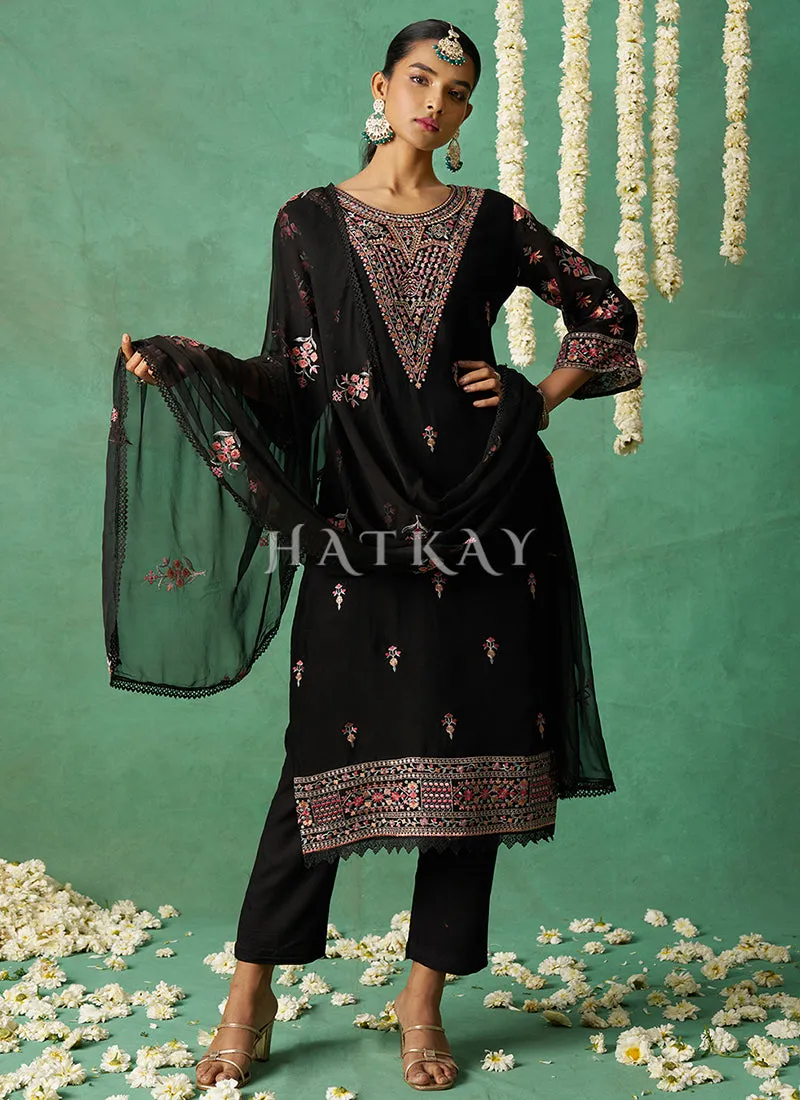 Black Multi Embroidery Pakistani Pant Style Suit