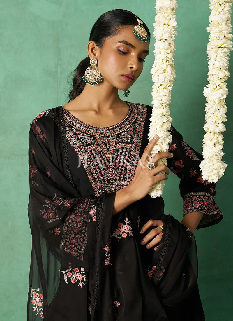 Black Multi Embroidery Pakistani Pant Style Suit