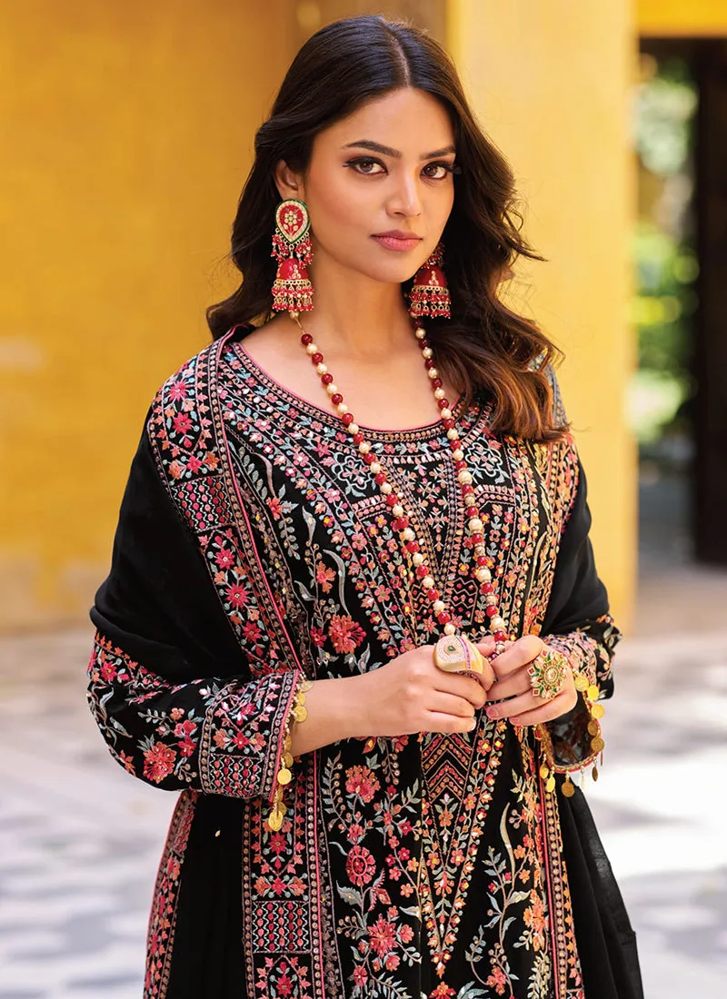 Black Multicoloured Embroidery Pakistani Palazzo Suit