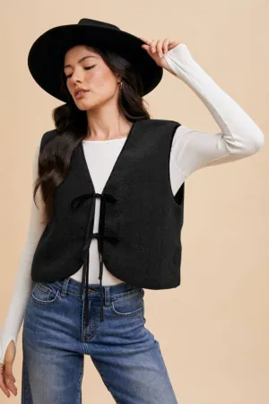 Black V-Neck Tie Detail Vest Coat
