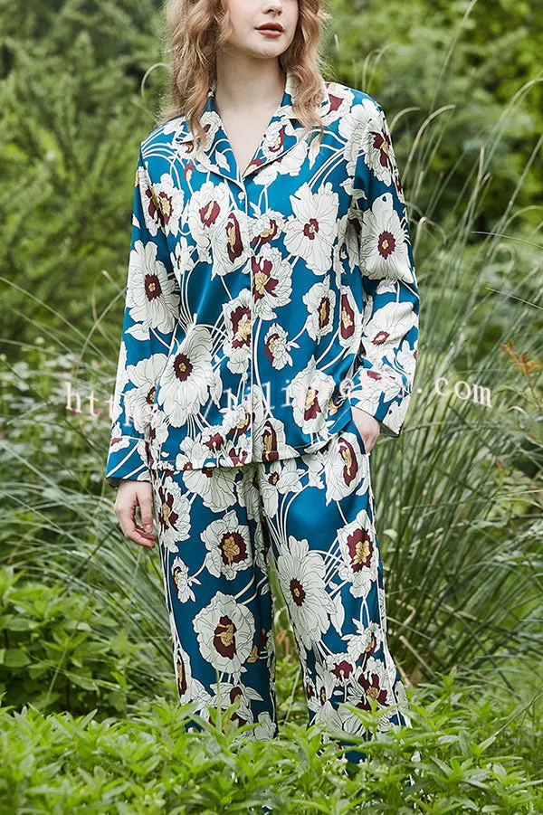 Blue and White Flower Print Home Long-sleeved Two-piece Set