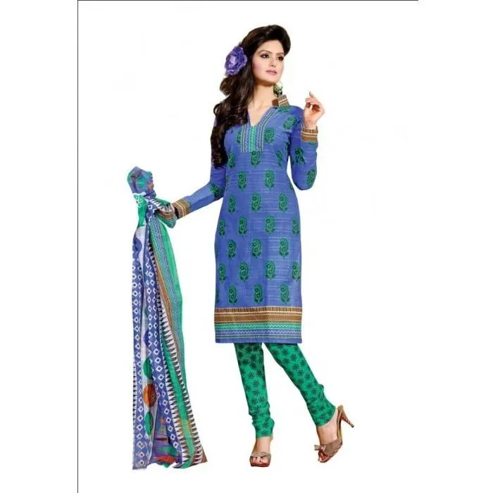Blue Colored Pure Cotton Printed Semi-Stitched Salwar Suit Dress Material