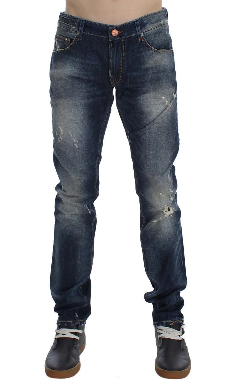 Blue Wash Torn Cotton Slim Skinny Fit Jeans