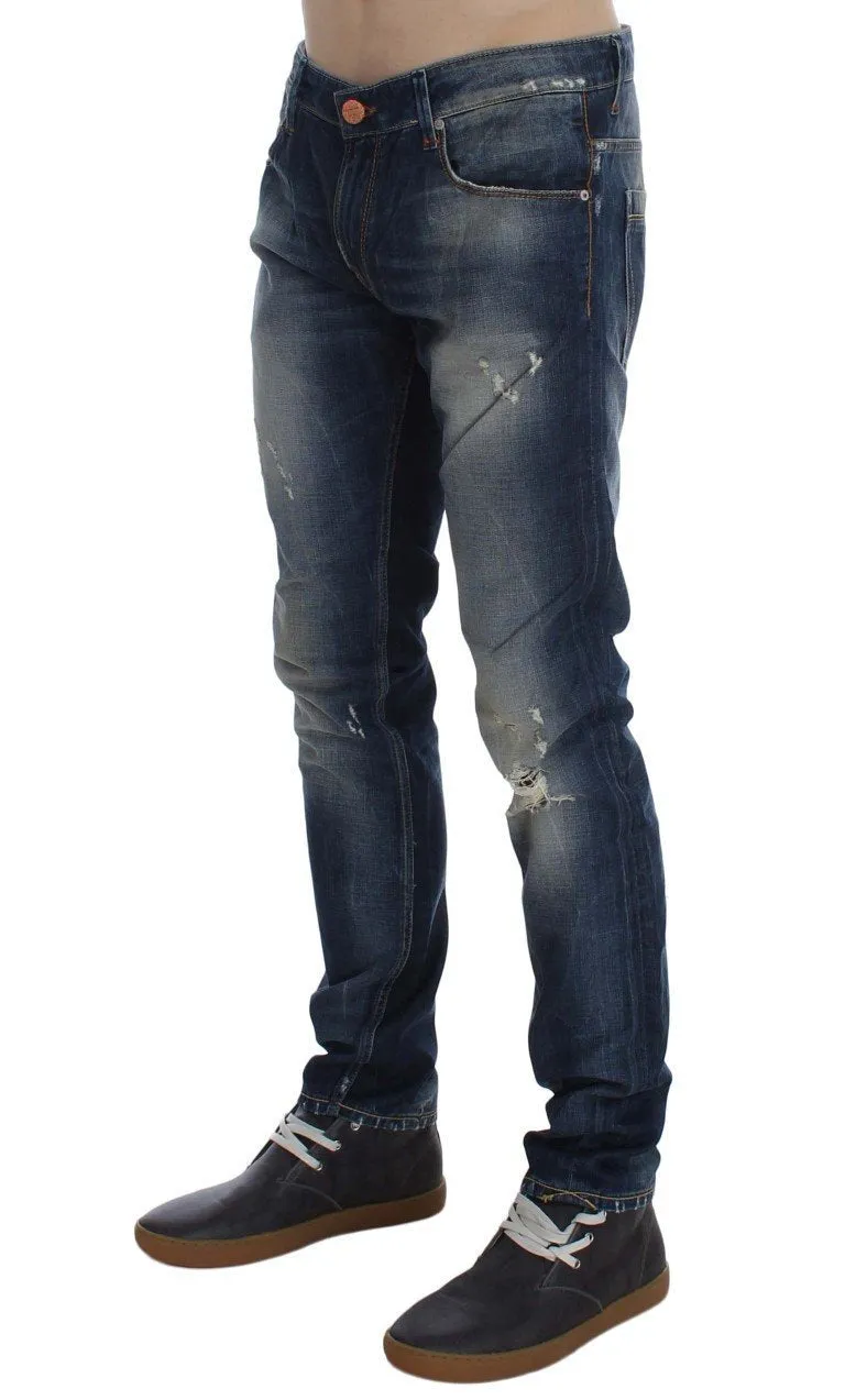 Blue Wash Torn Cotton Slim Skinny Fit Jeans