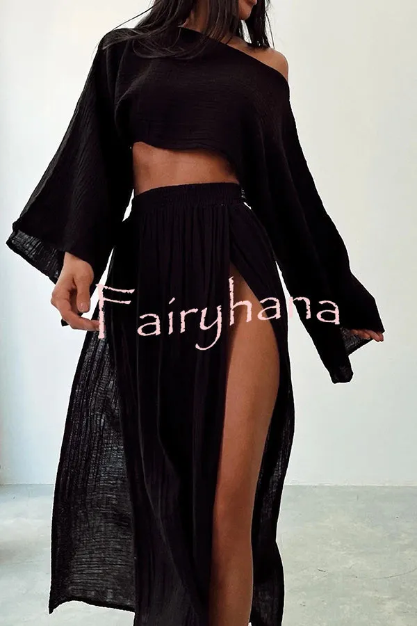 Boho Beach Linen Blend Wide Sleeve Blouse and Elastic Waist Double Slit Skirt Set