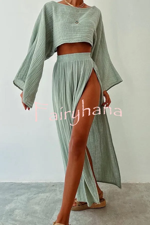 Boho Beach Linen Blend Wide Sleeve Blouse and Elastic Waist Double Slit Skirt Set