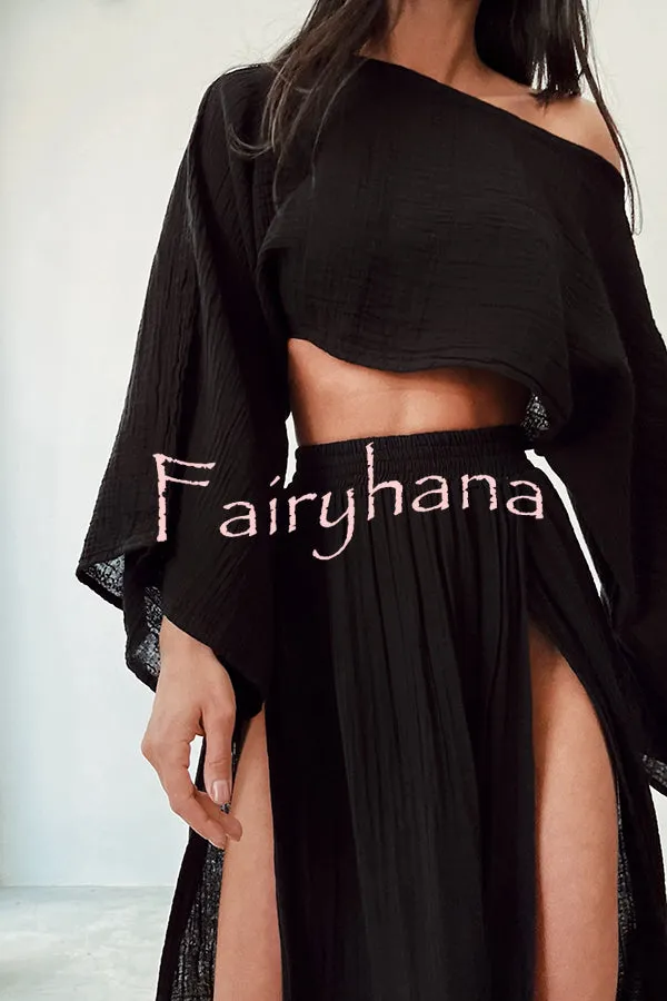 Boho Beach Linen Blend Wide Sleeve Blouse and Elastic Waist Double Slit Skirt Set