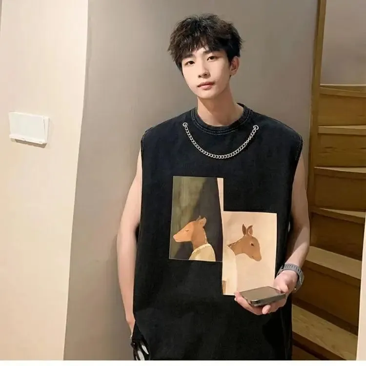 Bonsir Black Undershirt Men's Summer Loose Design Large Size Sleeveless T-shirt Tide Netflix Sports Fitness Sweatshirt Deer Sports