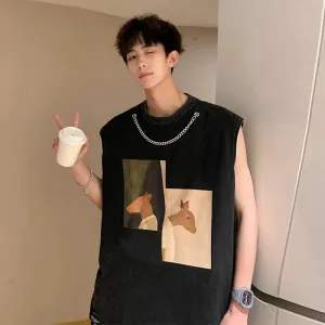 Bonsir Black Undershirt Men's Summer Loose Design Large Size Sleeveless T-shirt Tide Netflix Sports Fitness Sweatshirt Deer Sports