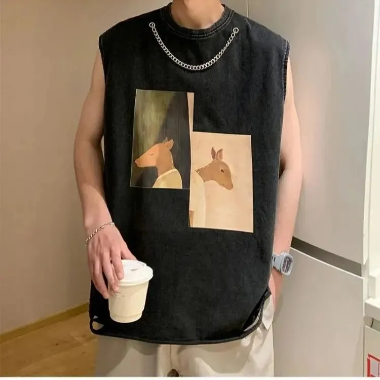 Bonsir Black Undershirt Men's Summer Loose Design Large Size Sleeveless T-shirt Tide Netflix Sports Fitness Sweatshirt Deer Sports